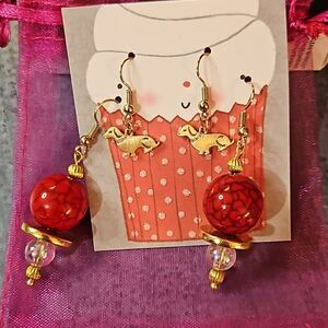 Goldtone Dachshund Wiener Dog & Red Bead Earring Set French Wire NEW
